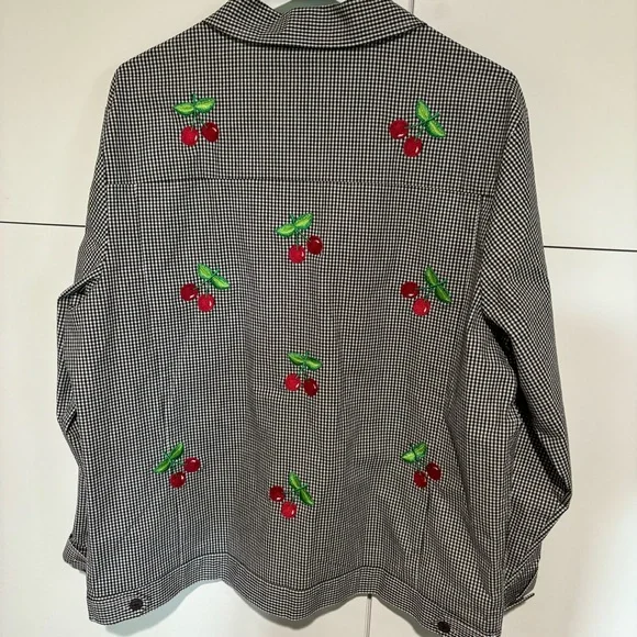 VTG Quacker Factory Womens Jacket Large Black White Gingham Button Cherry Preppy - Picture 3 of 10